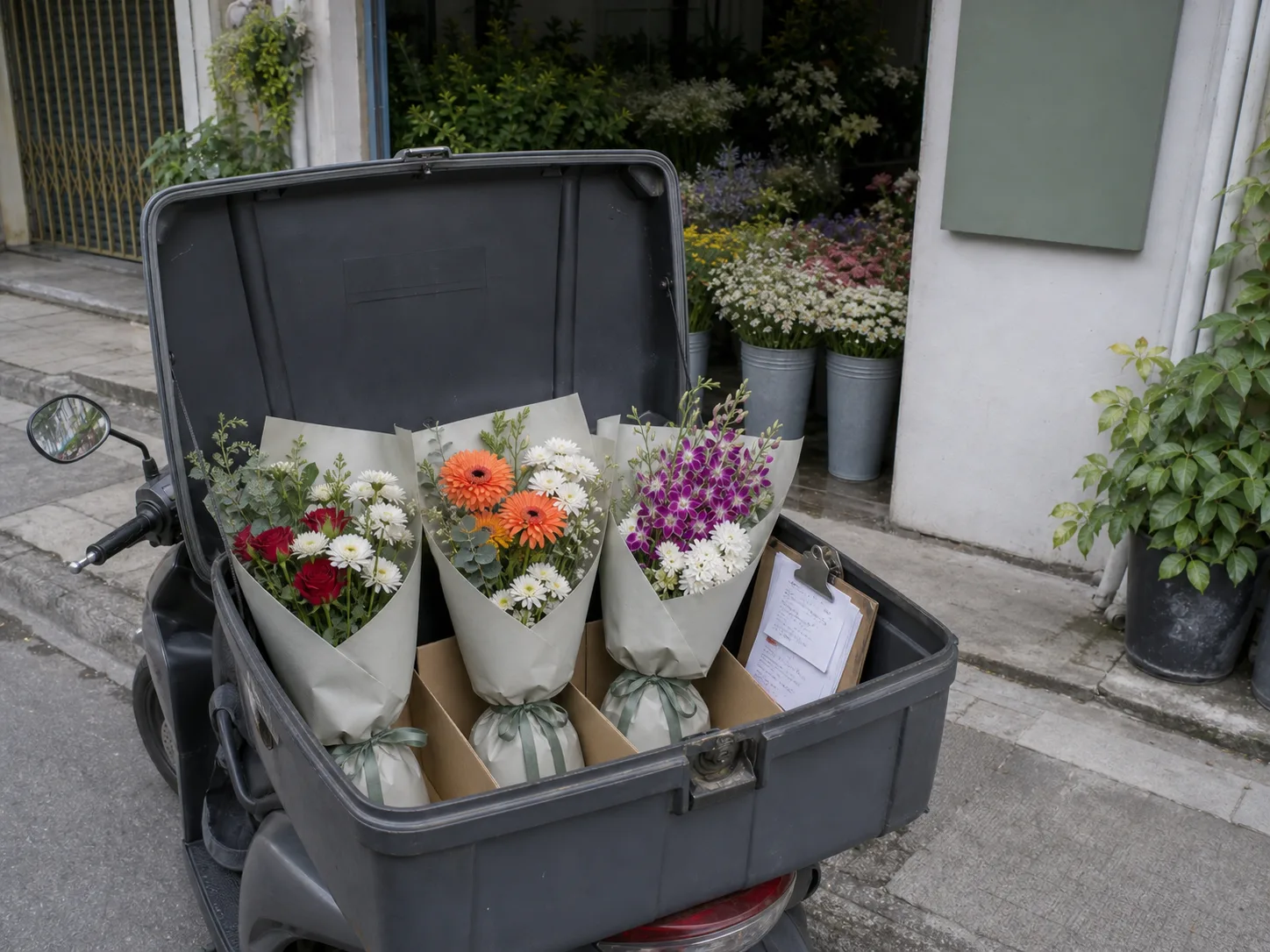 An insulated delivery box open on the back of a motorbike, holding three wrapped bouquets standing upright in water pouches
