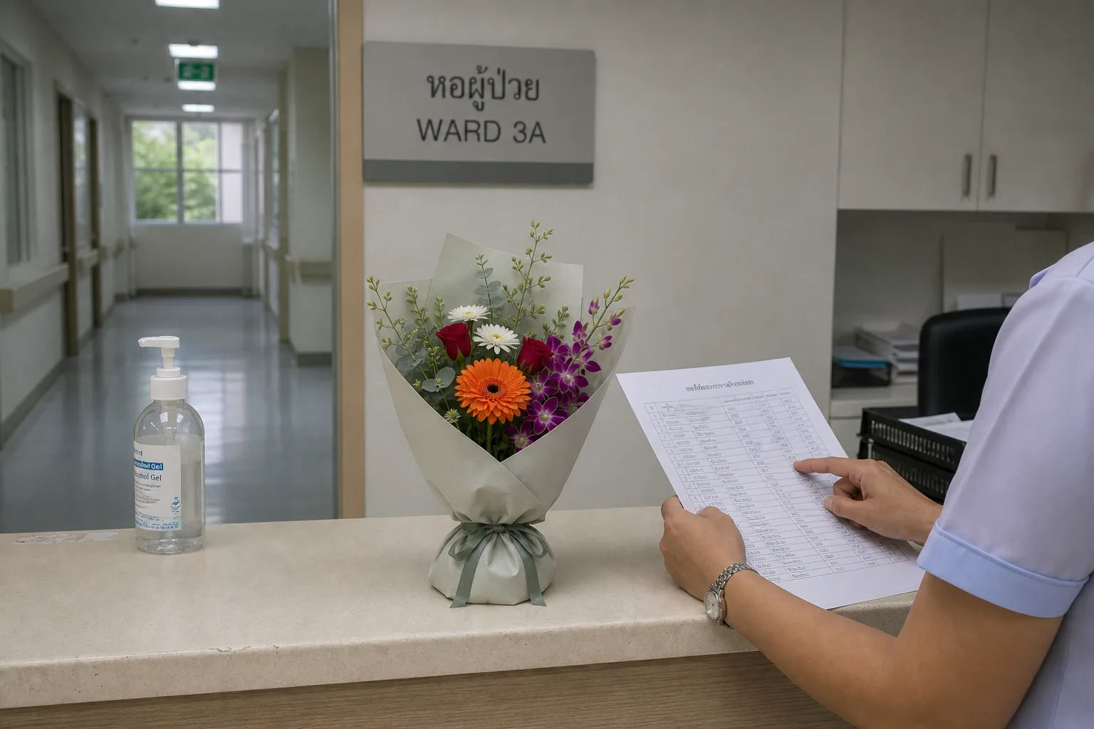 A small wrapped bouquet set down on a hospital ward reception counter while a nurse checks a room list