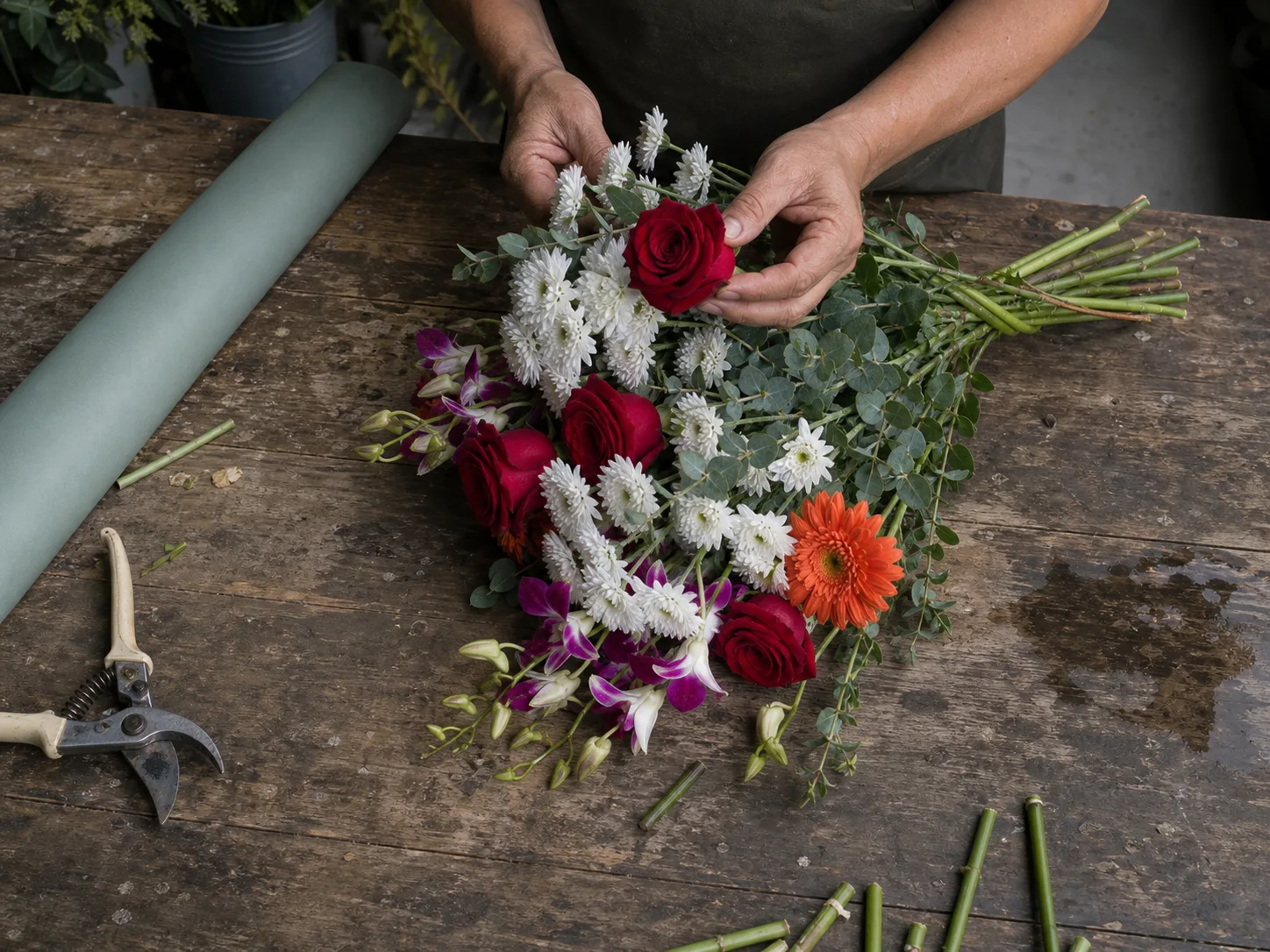 Chai’s hands turning a single rose within a finished bouquet lying on the shop’s wooden work bench
