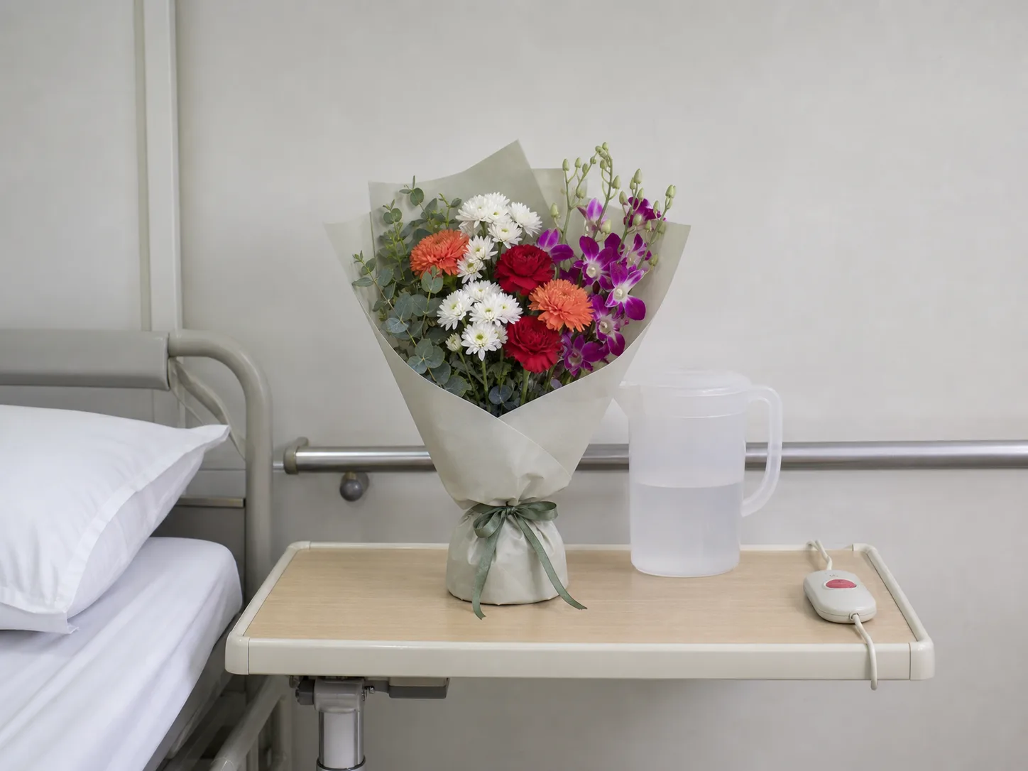 A small bouquet wrapped in a paper water pouch standing on a hospital over-bed table beside a water jug and a call button, with the edge of the bed in frame