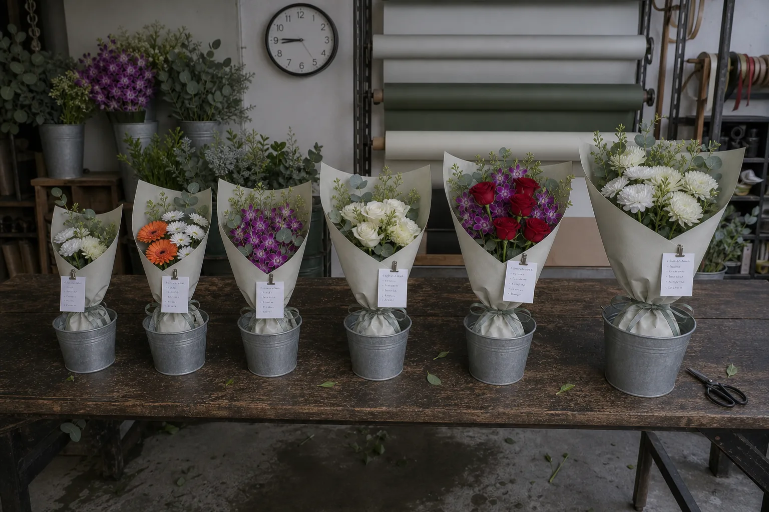 Six finished bouquets of different sizes standing in buckets along the shop bench, each with a handwritten order slip clipped to it