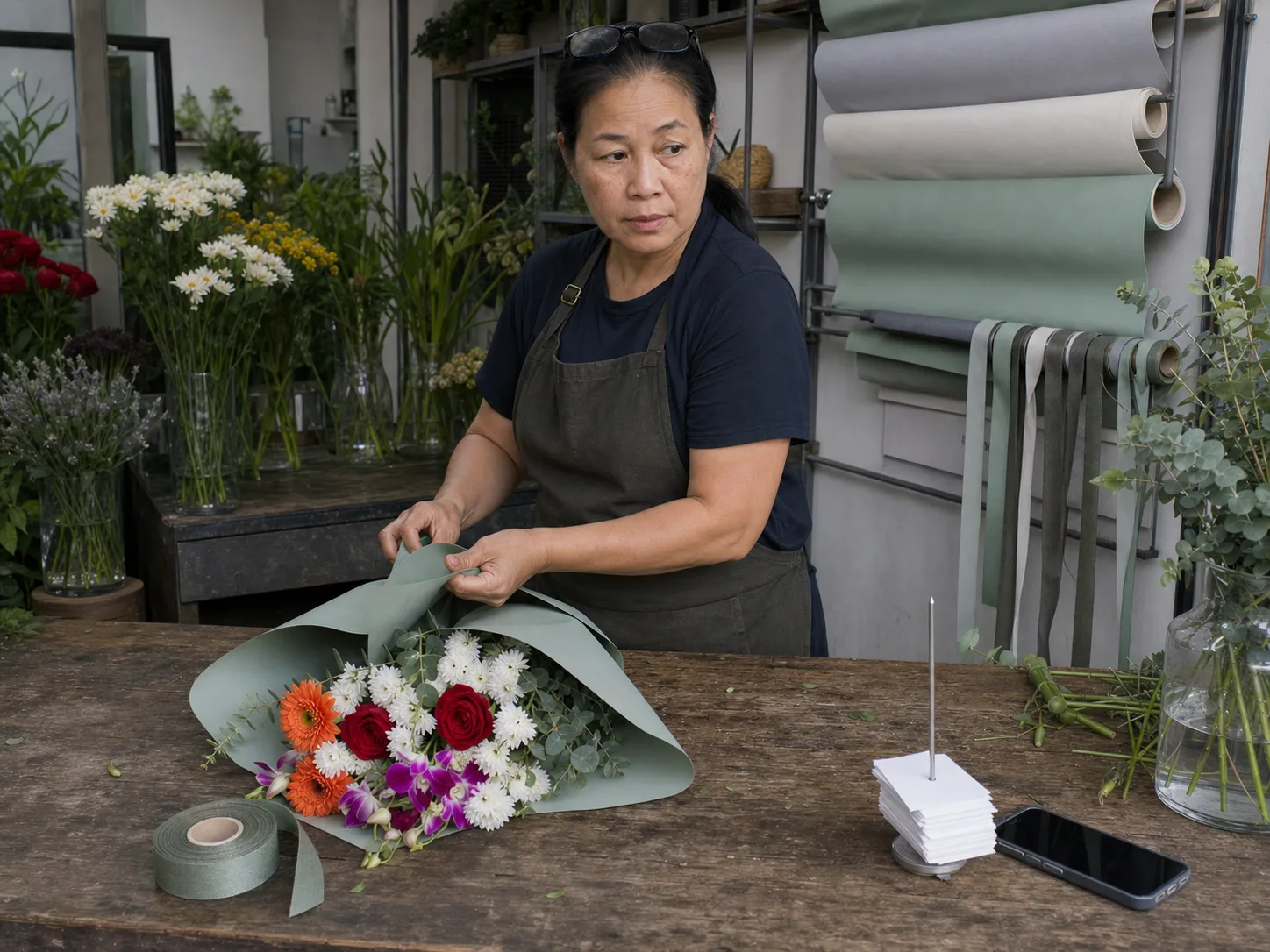 Lek at the counter wrapping a bouquet in matte grey-green paper, mid-conversation with a customer out of frame