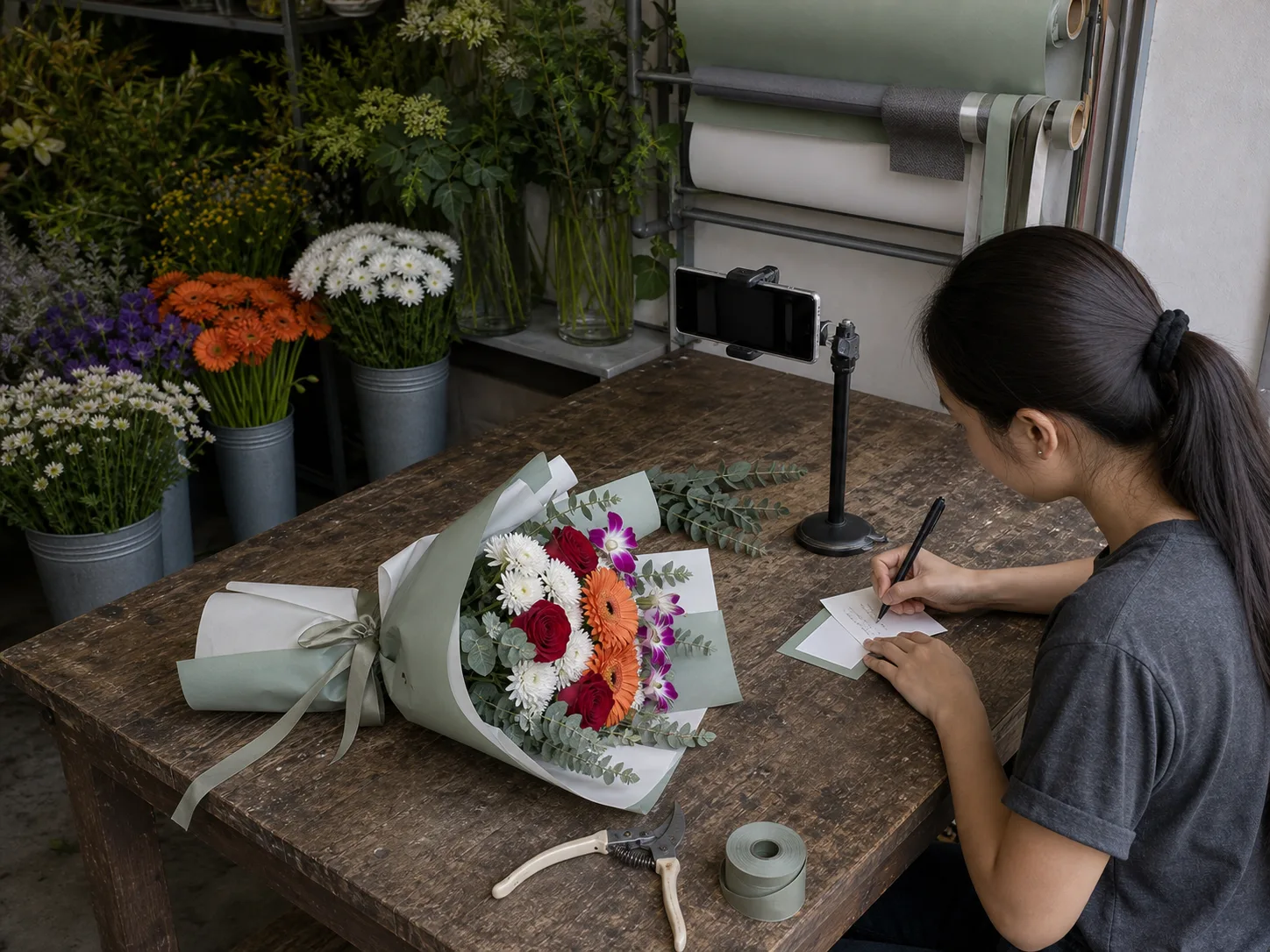 Nicha writing a greeting card by hand at the end of the bench, with a phone on a small tripod photographing a bouquet beside her