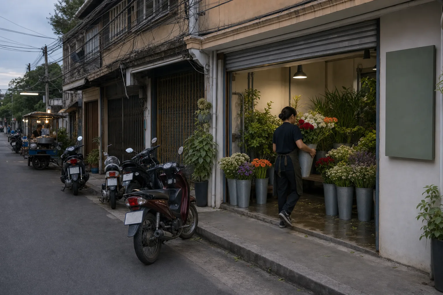 The shopfront at dusk with the interior light on, buckets being carried back inside off the pavement